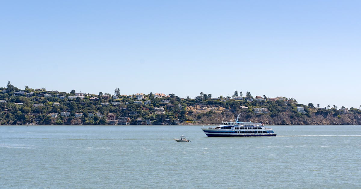 A scenic ferry crossing the calm waters of San Francisco Bay, view from Sausalito, California.